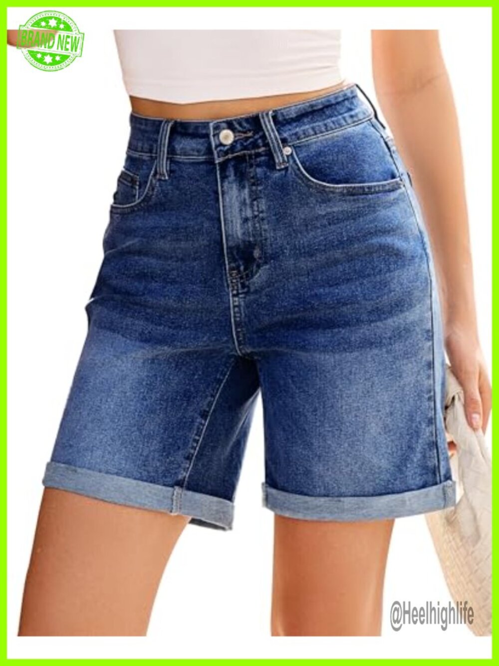 Vetinee High Waisted Fold Hem Stretchy Long Denim Shorts